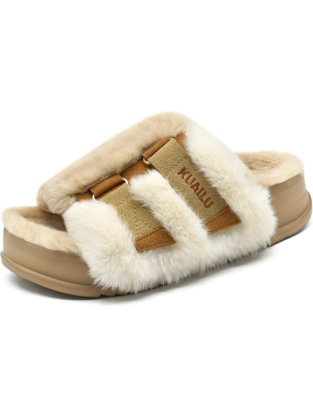 Women's Plush Beige Soft Cushioned & Adjustable Fuzzy Faux Fur Slippers Slides